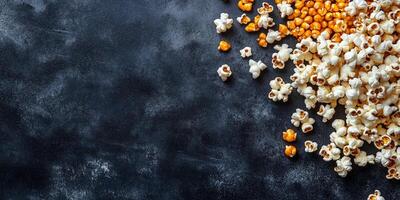 Buttered popcorn scattered on a flat surface with popped kernels visible, gastronomy photography photo