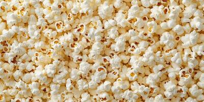 Buttered popcorn spread out, showing popped kernels without seasoning, gastronomy photography photo