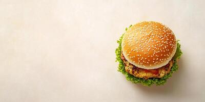 Chicken burger with visible fillings, resting flat on a clean surface, photorealistic food photo