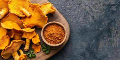 Chanterelle mushrooms displayed next to a small bowl of seasoning on a board, photorealistic food photo