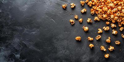 Caramel corn scattered on a flat surface, with coated popcorn kernels visible, gastronomy photography photo