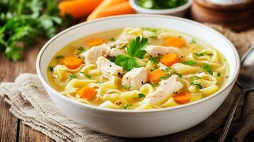 Chicken noodle soup in a dish with visible chicken, noodles, and vegetables, gastronomy photography photo