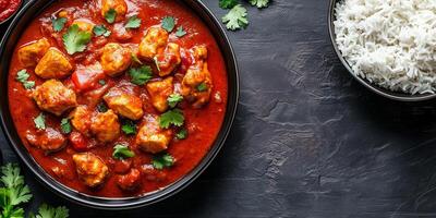 Chicken tikka masala with rice and garnished sauce, gastronomy photography photo