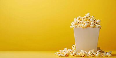 Container filled with buttered popcorn, kernels spilling over, meal photography photo