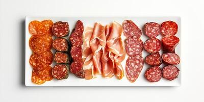 Cured meats positioned in a grid on a white plate, food setting photo