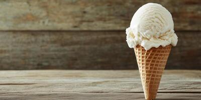 Cone filled with ice cream, placed upright on a wooden table, slightly leaning, food setting photo
