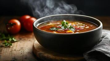 Deep bowl of steaming soup with slightly disturbed surface, meal photography photo