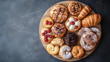 Top-down view of pastry assortment on a round wooden tray, food setting photo