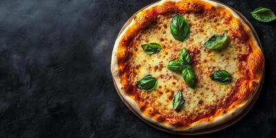 Top-down view of Margherita pizza with toppings arranged in a classic pattern, meal photography photo
