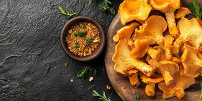 Chanterelle mushrooms displayed next to a small bowl of seasoning on a board, meal photography photo