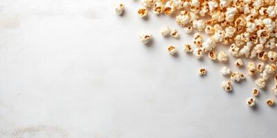 Caramel corn scattered on a flat surface, with coated popcorn kernels visible, meal photography photo