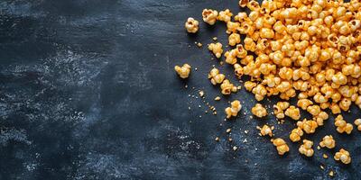 Caramel corn scattered on a flat surface, with coated popcorn kernels visible, food setting photo