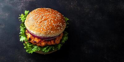 Chicken burger with visible fillings, resting flat on a clean surface, food setting photo