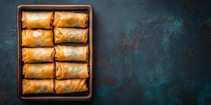 Cooked spring rolls lined up on a rectangular serving tray, meal photography photo