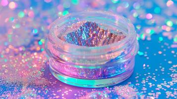 Clear container of iridescent edible glitter with some glitter sprinkled nearby, culinary photography photo