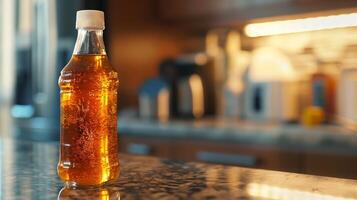 Clear bottle with a plastic cap contains syrup, placed on a glass countertop, culinary photography photo