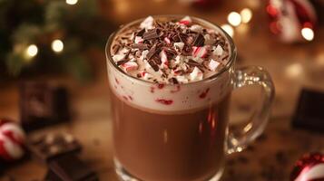 Clear glass mug with a drink, topped with crushed peppermint and chocolate shavings, food photography photo