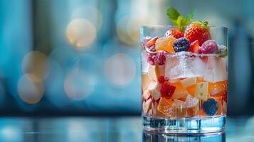 Clear glass filled with a smooth, light liquid, featuring nougat and various fruit pieces on the surface, culinary photography photo