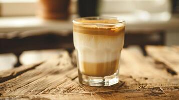 Clear glass of iced coffee with layers of milk and coffee on a wooden table, culinary photography photo