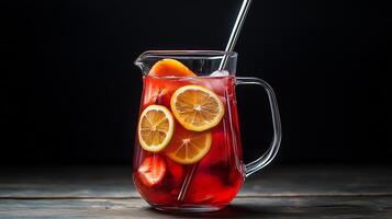 Clear pitcher containing a red beverage with floating fruit slices and a metal stirrer, food photography photo