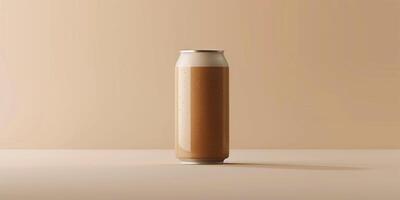 Closed can of iced coffee, displaying the label and branding, against a simple background, culinary photography photo