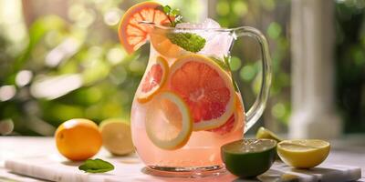 Clear glass pitcher with pink beverage and citrus slices, food photography photo