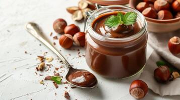 Clear jar of hazelnut spread on white background with metal spoon beside it, food photography photo
