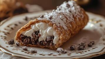 Close-up of a cannolo on a plate, displaying the contrast between the filling and the shell, food photography photo