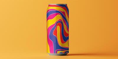 Closed can of energy drink featuring bold branding and a colorful design, placed on a plain background, food photography photo