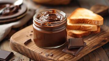 Clear jar of chocolate spread placed next to a slice of toast on a cutting board, culinary photography photo