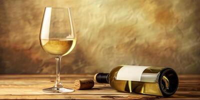 Clear glass of white wine, placed beside an opened bottle and a cork on a table, culinary photography photo