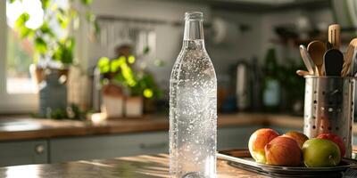 Clear bottle of sparkling water with visible carbonation bubbles, standing upright on a kitchen counter, photorealistic food photo