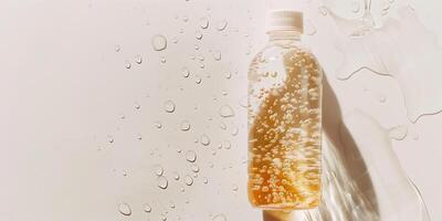 Clear bottle with vitamin-enhanced water, labeled with vitamin and nutrient information on a white background, gastronomy photography photo
