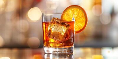 claro vaso con ámbar líquido y naranja rueda guarnación, fotorrealista comida foto