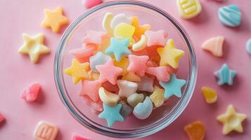 Clear bowl with various candy shapes, including stars and moons, on a plain surface, photorealistic food photo