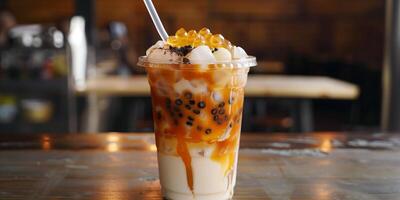 Clear cup showcasing layers of milk tea, ice, and tapioca pearls, with a wide straw, photorealistic food photo