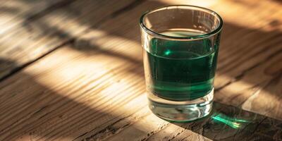 Clear glass filled with a dark green liquid, placed on a wooden surface, gastronomy photography photo