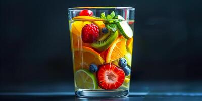 Clear glass filled with a vibrant blend of various fruits and vegetables, gastronomy photography photo