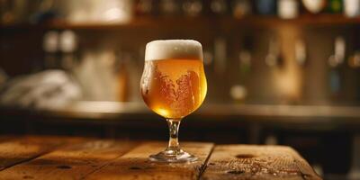 Clear glass of craft beer with visible carbonation and a frothy head, gastronomy photography photo