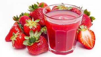 Clear glass of strawberry juice with seeds beside whole strawberries, gastronomy photography photo