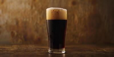 Clear glass of stout beer with visible layers of dark liquid and foam, photorealistic food photo