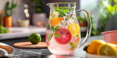 Clear glass pitcher with pink beverage and citrus slices, photorealistic food photo