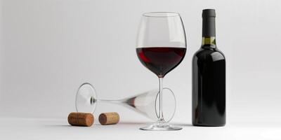 Clear wine glass holding red wine, placed beside an open bottle and a cork, photorealistic food photo