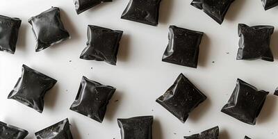 Black tea bags arranged in a circular pattern on a white surface, photorealistic food photo