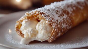 Close-up of a cannolo on a plate, displaying the contrast between the filling and the shell, photorealistic food photo