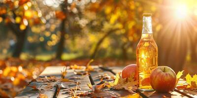 Bottle of filtered apple cider on a picnic table, surrounded by fallen autumn leaves and a clear sky, photorealistic food photo