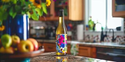 Bottle of blueberry-flavored cider, standing on a kitchen counter, with vibrant label artwork facing forward, gastronomy photography photo