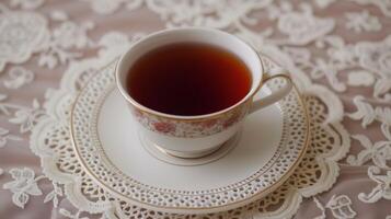 Classic tea setup with saucer and dark liquid on a lace doily, food setting photo