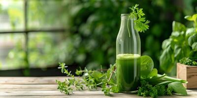 Clear bottle of cold-pressed green juice on a wooden table, with leafy greens scattered around, meal photography photo