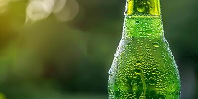 Clear bottle with green soda and condensation, food setting photo